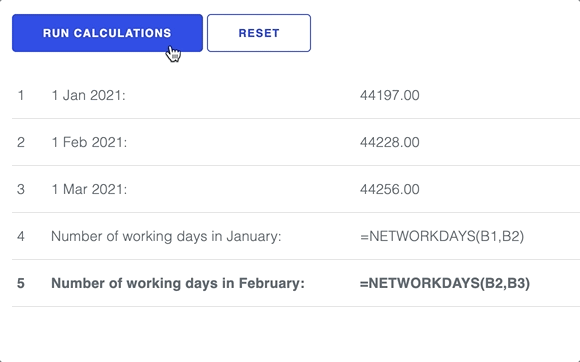 NETWORKDAYS excel function Hyperformula