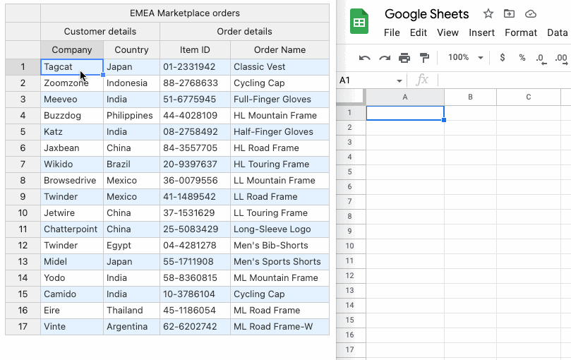 Image showing copy cells with header feature in action. Handsontable 12.3.0 data grid.