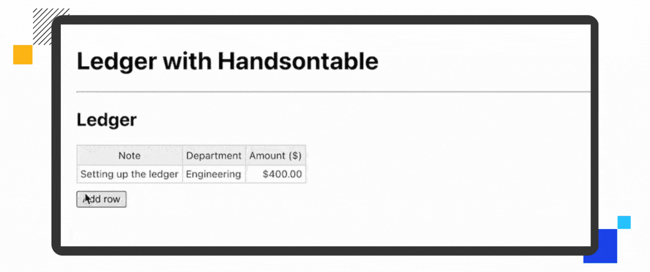 Ledger application add row button - Build a data grid in 5 minutes with React and Handsontable