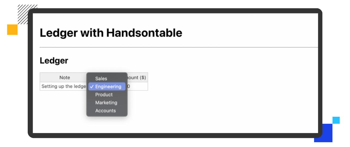 Ledger with select options - Build a data grid in 5 minutes with React and Handsontable