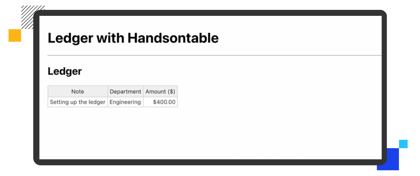 Amount column formatted - Build a data grid in 5 minutes with React and Handsontable